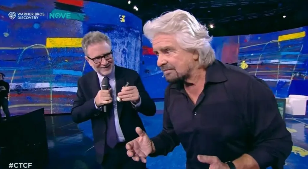 Un frame dello show di Beppe Grillo a Che tempo che fa